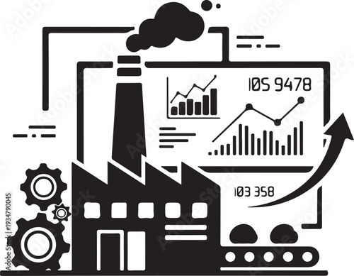 Industrial factory with smokestack and graphs showing increasing production trends and statistics
