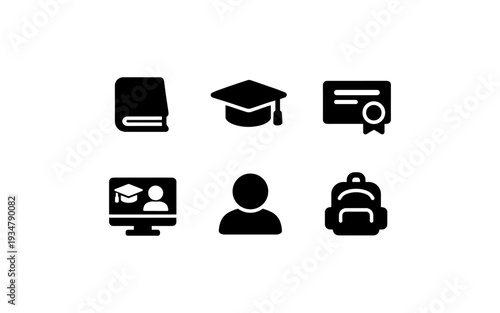 Collection of educational icons including book, graduation cap, diploma, computer, person, and backpack