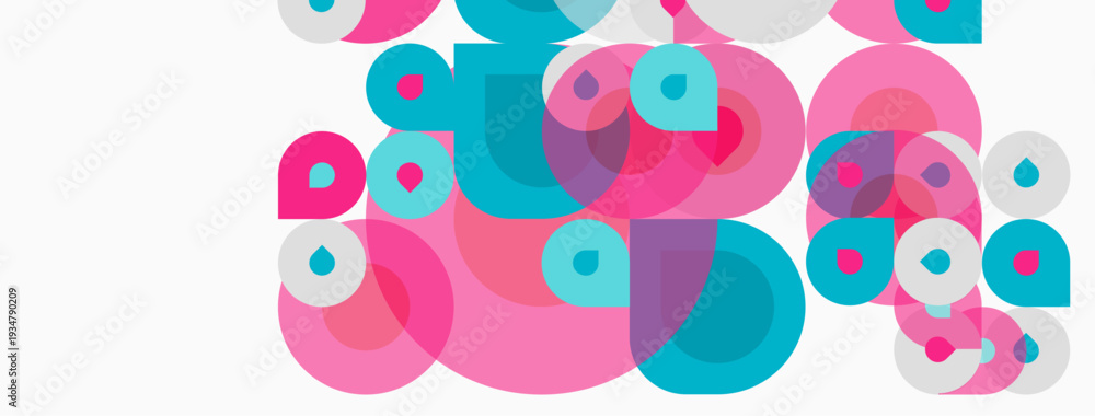 Fototapeta premium Abstract circles overlap, creating playful pink, teal hues. White background provides contrast, simple design.