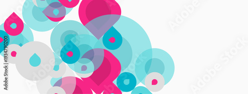 Abstract design features overlapping circles, pinks, teals, whites. Modern aesthetic, clean lines, simple shapes create dynamic composition.