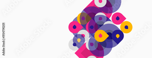 Abstract colorful shapes overlap, creating dynamic composition. Pink, purple, yellow hues dominate white background. Modern design element.