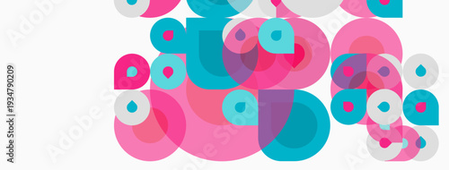 Abstract circles overlap, creating playful pink, teal hues. White background provides contrast, simple design.