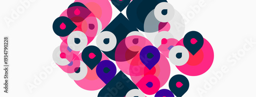 Abstract composition featuring overlapping circles. Pink, purple, gray hues dominate white background. Modern design, playful shapes present.