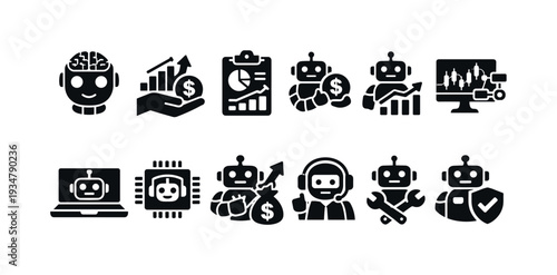 Ai and finance icon set. robot, financial analysis, business growth solid icons collection