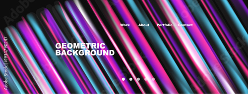 Abstract geometric background features vibrant lines, text elements. Modern design suggests website header or promotional material.