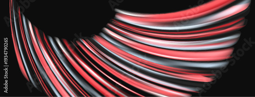 Abstract fluid shapes, red, silver tones. Dynamic composition, smooth curves, modern design. Minimalist aesthetic, dark background.