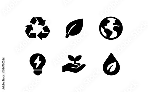 Collection of environmental icons representing sustainability, nature, and energy conservation