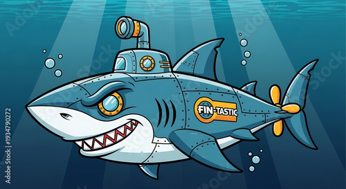 A cartoon shark submarine with the words Fin-tastic on the side swimming underwater with a happy expression