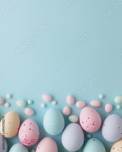 Pastel Easter Eggs Border on Soft Blue Minimal Background