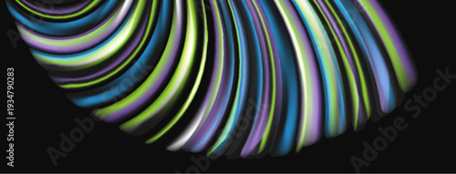 Abstract colorful waves form curved shape. Gradient hues blend, creating dynamic visual effect. Dark background emphasizes vibrant colors.