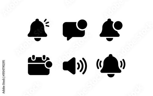 Collection of notification and alert icons including bells, calendar, and sound