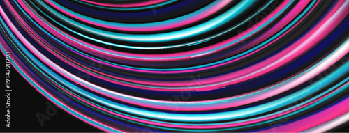 Abstract lines create vibrant arc, flowing curves. Pink, blue hues dominate dark background. Modern digital art.
