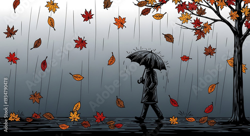 A person walking under an umbrella on a rainy autumn day with colorful leaves falling from the tree.