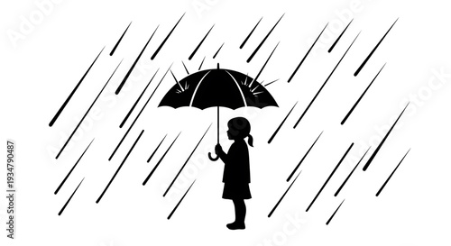 A minimalist vector graphic illustration of a little girl holding an umbrella on a rainy day