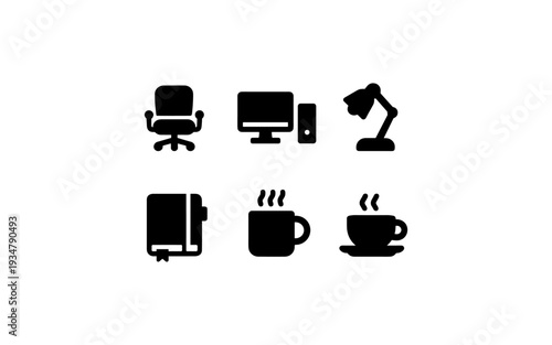 Set of icons representing office and work-from-home essentials for productivity and comfort