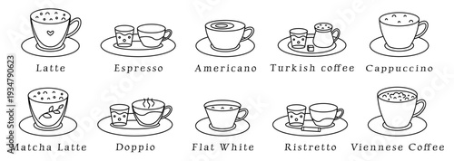 Types of coffee, black line icon set, editable stroke signs, vector cliparts. Latte, Espresso, Americano, Turkish coffee, Cappuccino, Matcha Latte, Doppio, Flat White, Ristretto, Viennese Coffee