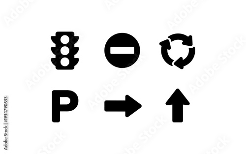 Collection of six black traffic and directional icons on a white background