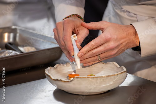 Fotografie Special tasting event for visitors, pairing food with glass of champagne wine, d