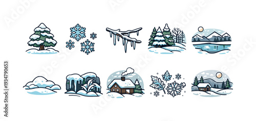 Winter, nature solid icon set. snowy landscapes and trees solid collection