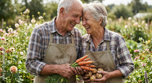 Laughing senior couple holding fresh harvest of potatoes and carrots in sunny garden