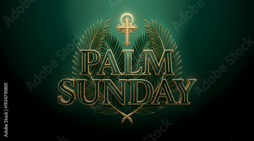 Palm Sunday Advertisement Gold Typography on Dark Green palm sunday text with glowing cross