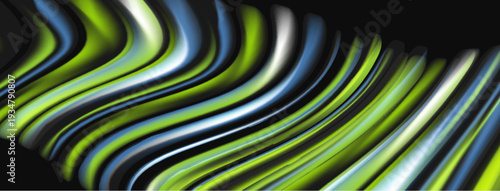 Abstract flowing lines, vibrant colors. Green, blue, white shades create dynamic visual texture. Modern design, sleek presentation.
