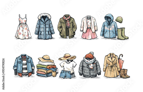 Clothing and accessories icon set. fashion, apparel outline icons collection