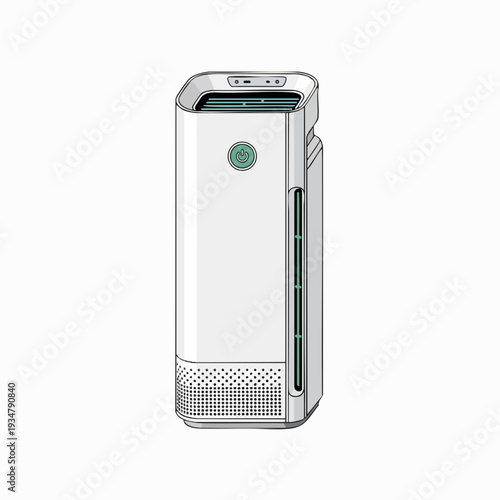 Sleek white air purifier with minimalist design green power button and modern vents for clean air isolated on white for product design and advertising