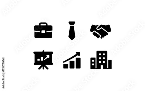 Collection of business icons including briefcase, tie, handshake, presentation, graph, and building