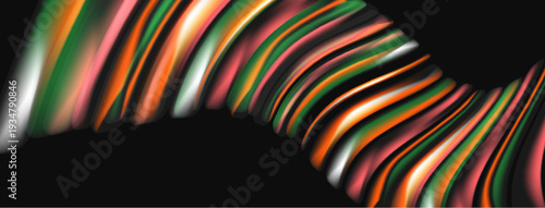Colorful stripes form wave pattern. Smooth gradients create dynamic visual effect against dark background. Modern abstract design.