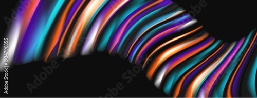 Abstract colorful lines form wave pattern against dark background. Smooth gradients create dynamic visual effect.