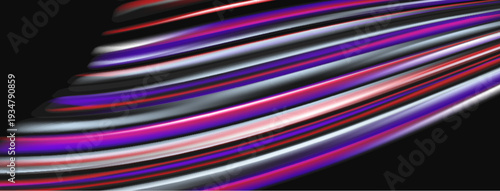 Abstract lines create dynamic composition. Purple, white, red hues blend against dark background. Modern digital art piece.