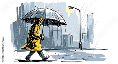 A person walking in the rain with an umbrella in a city street at night