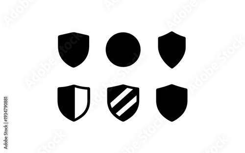 Collection of six black shield and circle icons representing security and protection