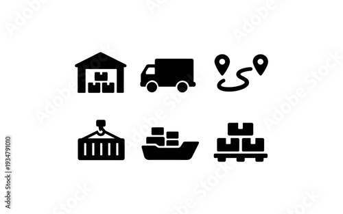 Logistics and delivery icons representing warehouse, truck, shipping, and route planning