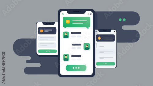 iMessages dual chat interface mockup with bubble conversations keyboard, modern unified messaging layout, messaging experience vector illustration, Modern Mobile Messaging UI with Smartphone Screens
