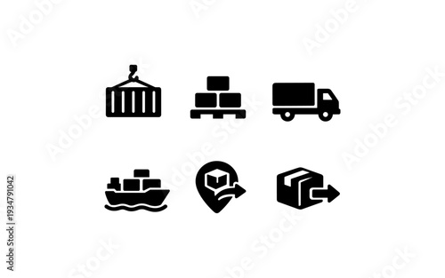 Collection of logistics and delivery icons including ship, truck, and package icons