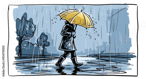 A person walking in the rain with a yellow umbrella and wearing a raincoat and boots
