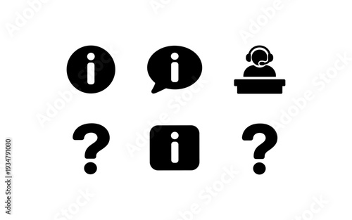 Collection of information and question mark icons for support and help services
