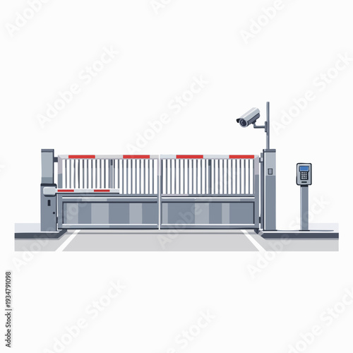 Security gate with surveillance camera and keypad access control for parking access; cartoon style vector illustration on white