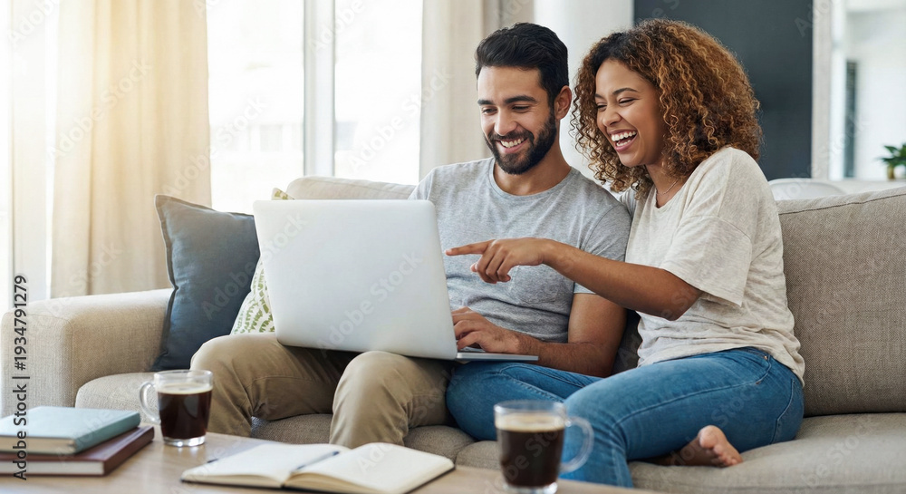 Fototapeta premium Smiling husband and wife shopping online or planning vacation on computer. E-commerce, finance and real estate concept in modern home