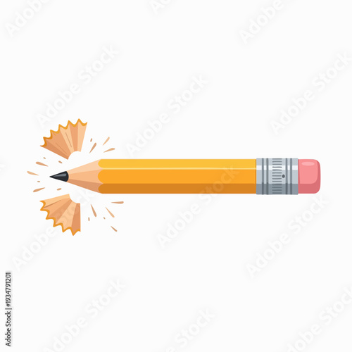 Sharpened yellow pencil illustration with shavings; clean vector style writing tool for education and creative design projects; isolated graphic.