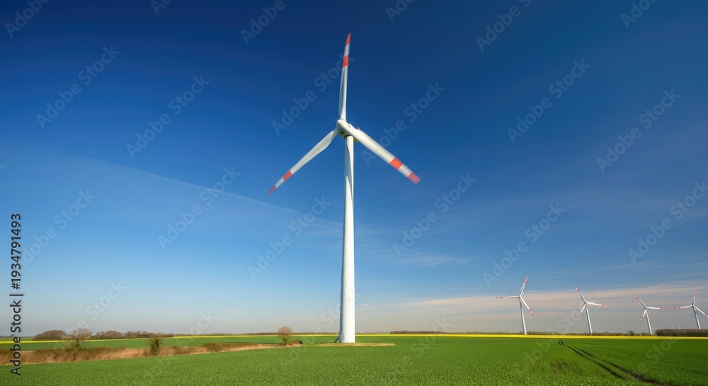 Fototapeta premium Tall white wind turbine in a green agricultural field under a clear blue sky, part of a distant wind farm with sunlight and rural landscape