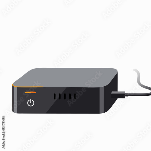 Sleek gray media streaming box with power cable connected for digital entertainment and online video content on demand system vector
