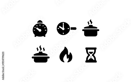 Collection of cooking and time related icons: alarm clock, timer, pot, flame, hourglass