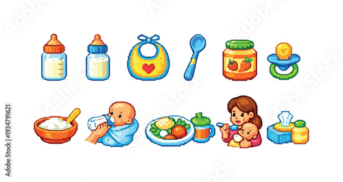 Baby care flat icon set. feeding, infant essentials icons flat collection
