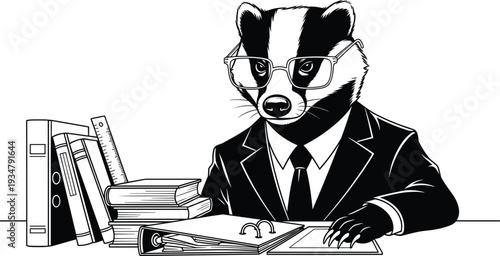 Badger in suit and glasses sitting at desk with books and papers