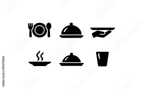 Collection of simple black icons representing dining and service elements