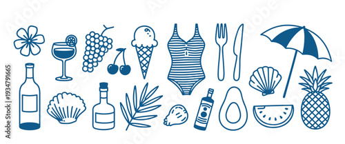 Blue Outline Icons of Summer Vacation and Food Items on a White Background beach holiday