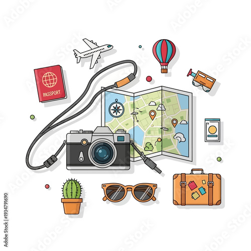 Travel Essentials Flat Lay: Camera, Passport, Map, Suitcase, Sunglasses, Cactus, Airplane, Hot Air Balloon